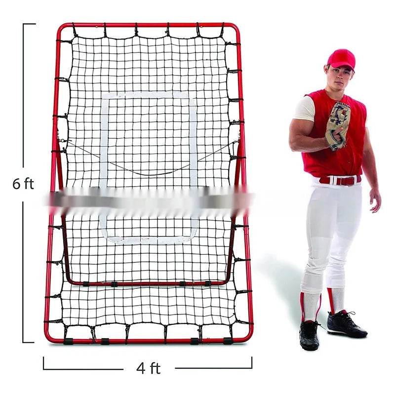 Red portable ball training net with metal frame set up for practice