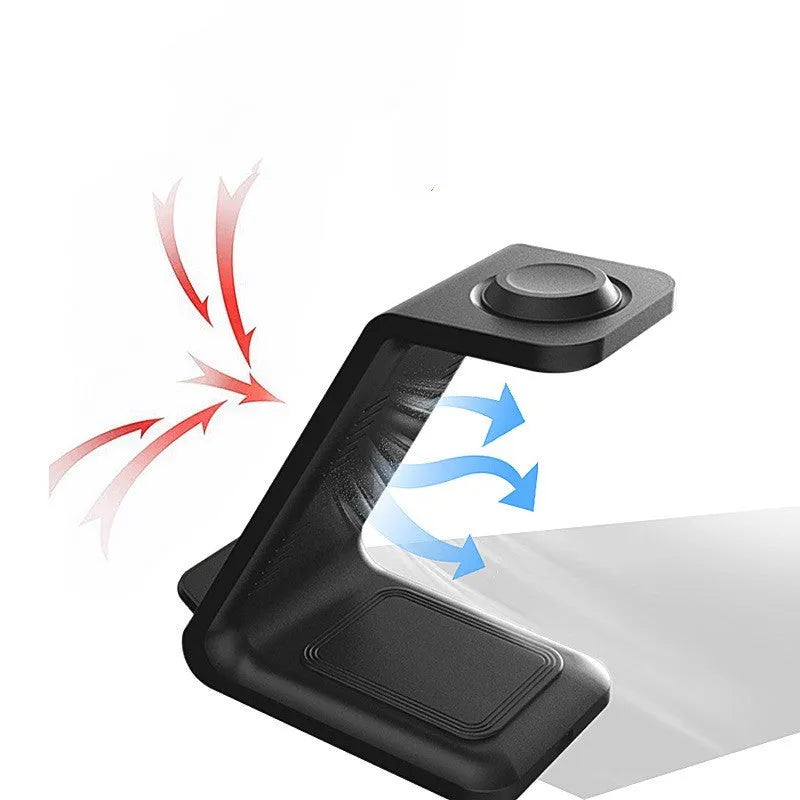 White upright 3-in-1 wireless charging stand holding a mobile phone in portrait orientation.
