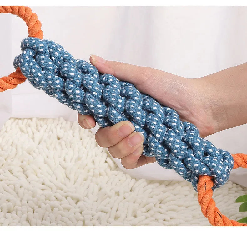Blue double-ring cotton dog chew toy with braided bone rope centre, shown at 37 cm length