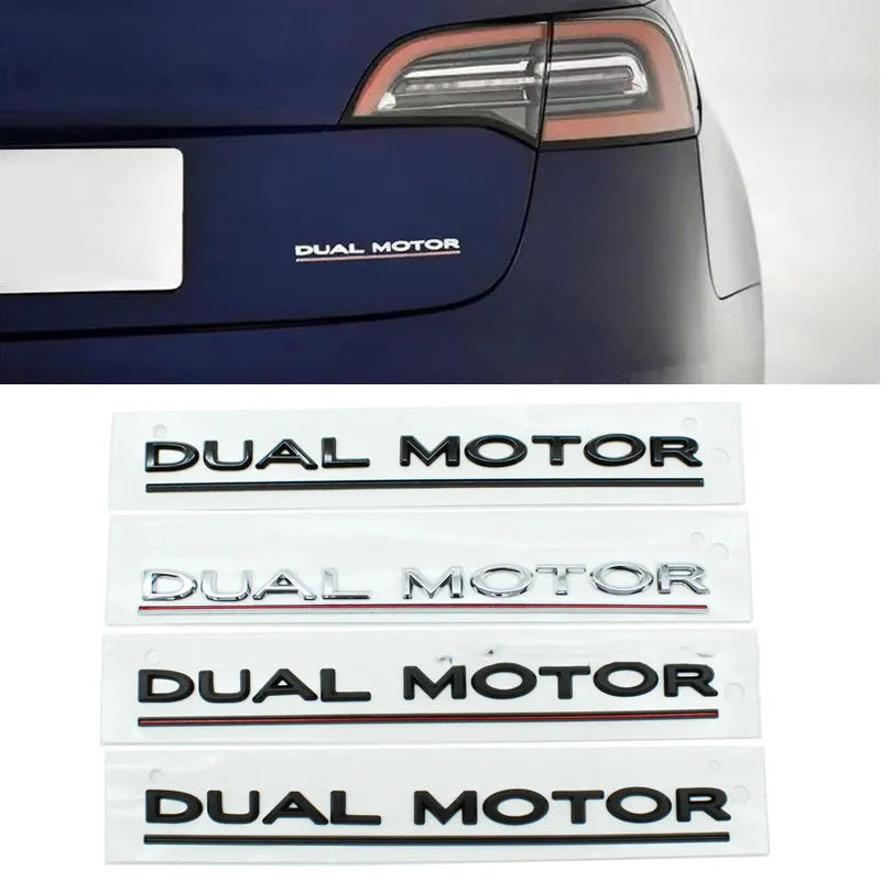 Tesla Model 3 black and red ABS plastic bumper sticker measuring 19x3cm with double motor text