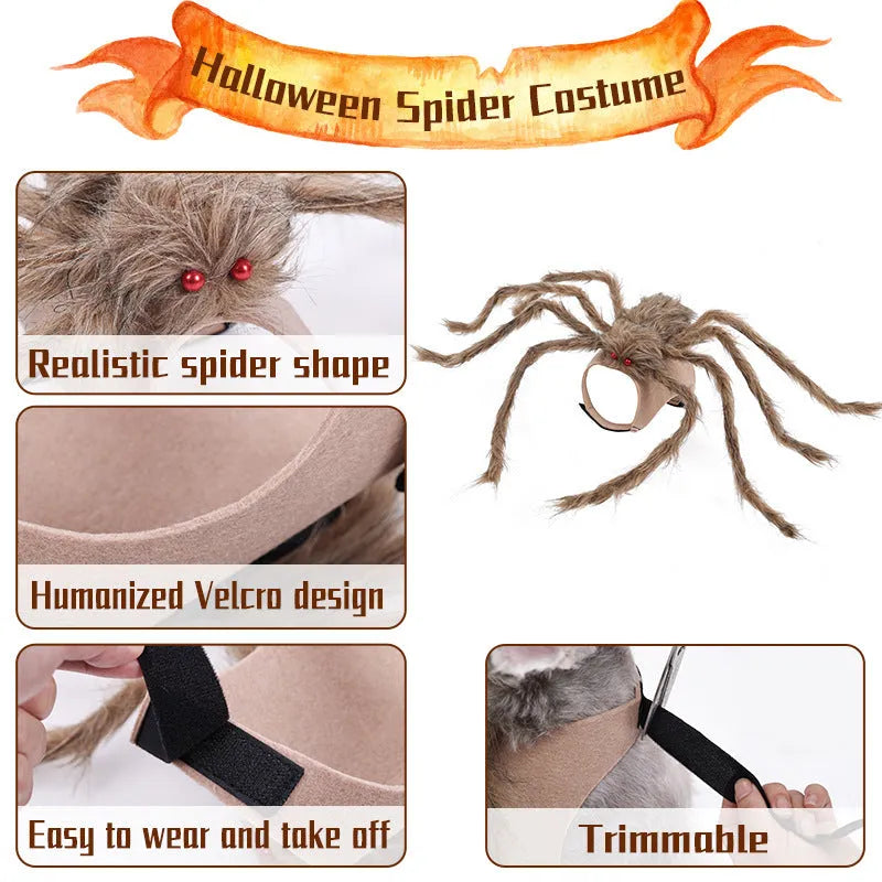 A grey and black spider costume for a small dog, shown from the side.