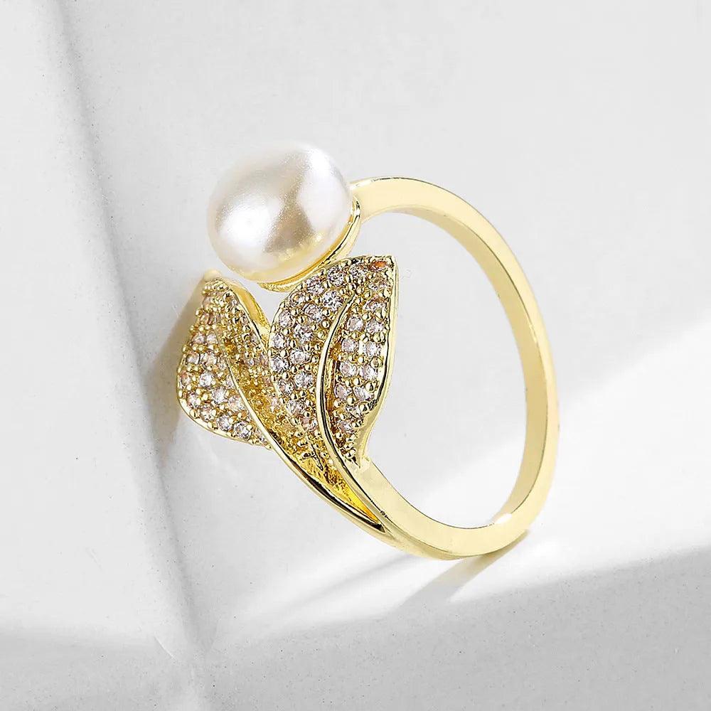 Exquisite Leaf Zircon Open Ring with silver-tone leaf motif and cubic zirconia stones on adjustable band