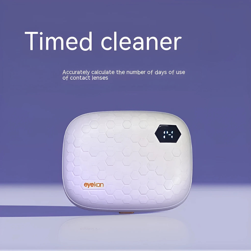 Blue automatic ultrasonic contact lens cleaning machine on a white background.