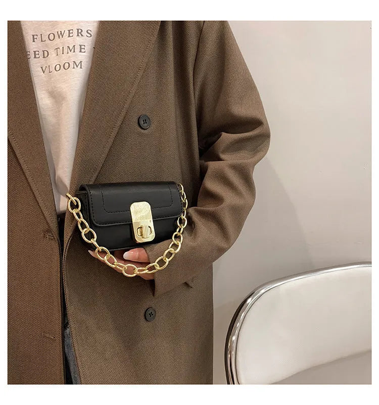 PU chain shoulder messenger phone bag in black, horizontal square shape with soft handle and crossbody strap