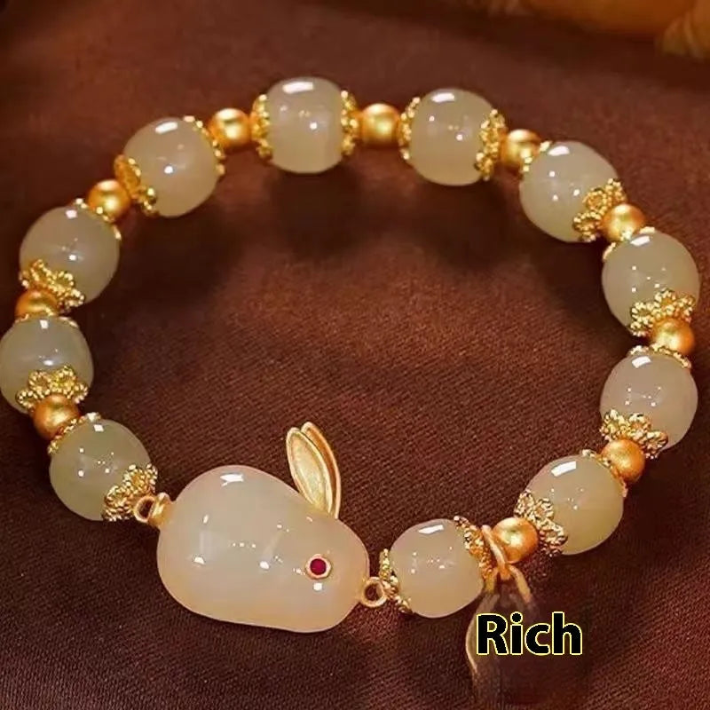 Green jade hare bracelet with Chinese zodiac design and electroplated finish