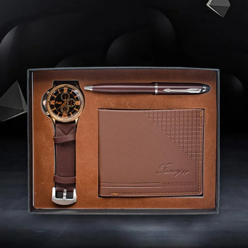 Business gift set with wallet, pen and watch in modern simplicity design presented in gift box
