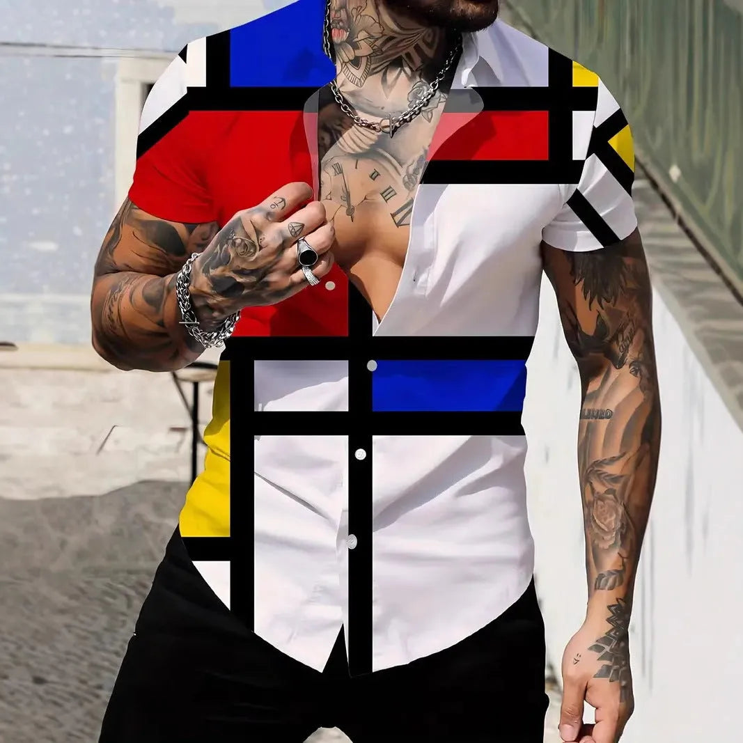 Men's slim fit geometric line print short sleeve shirt in a casual lapel style