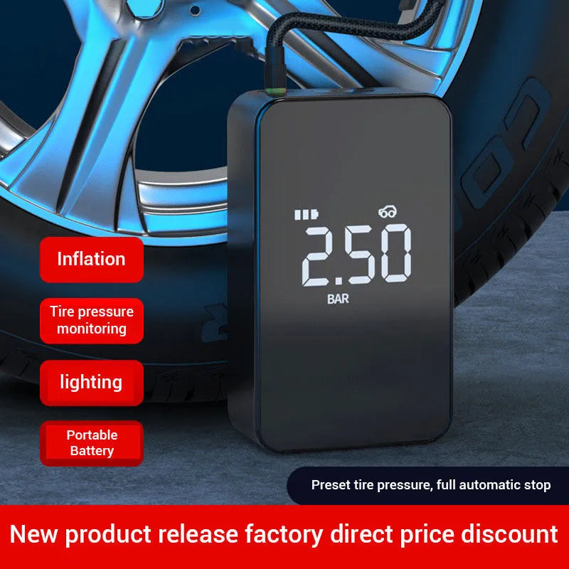 Compact black wireless digital tyre inflator pump with screen, hose, and multiple nozzles on a table