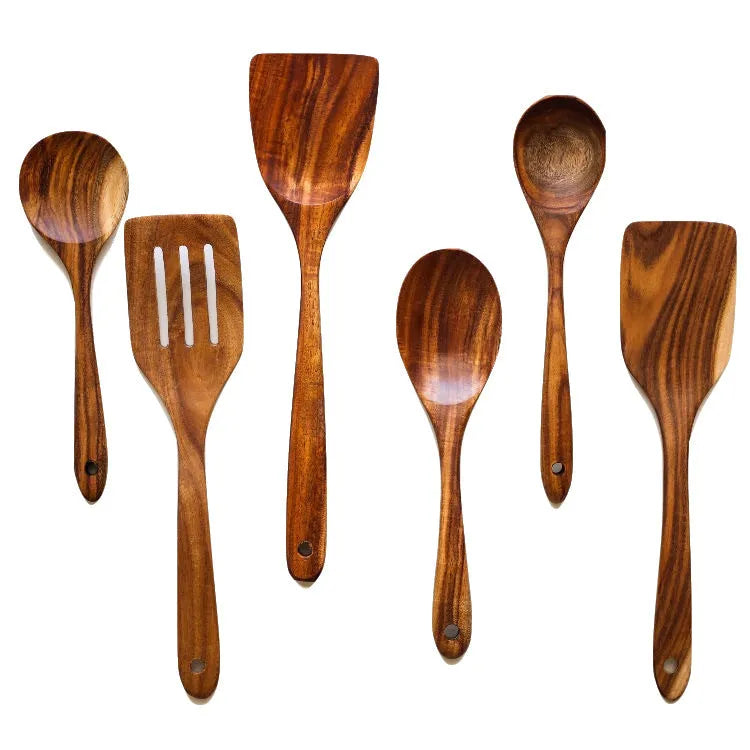 Seven-piece wooden cooking utensil set including spoons and spatulas for non-stick pans