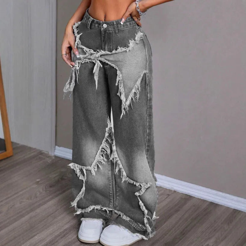Retro star patchwork heavy wash high-waist wide-leg women's jeans in gray