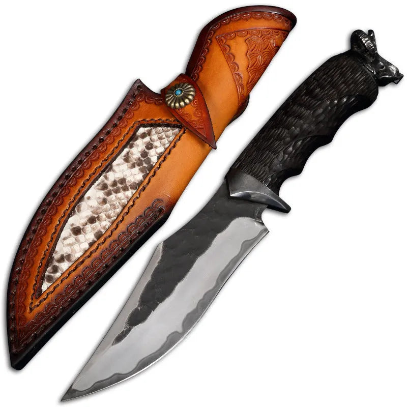 Black Goat high hardness steel straight knife with 200mm blade and black finish on neutral background
