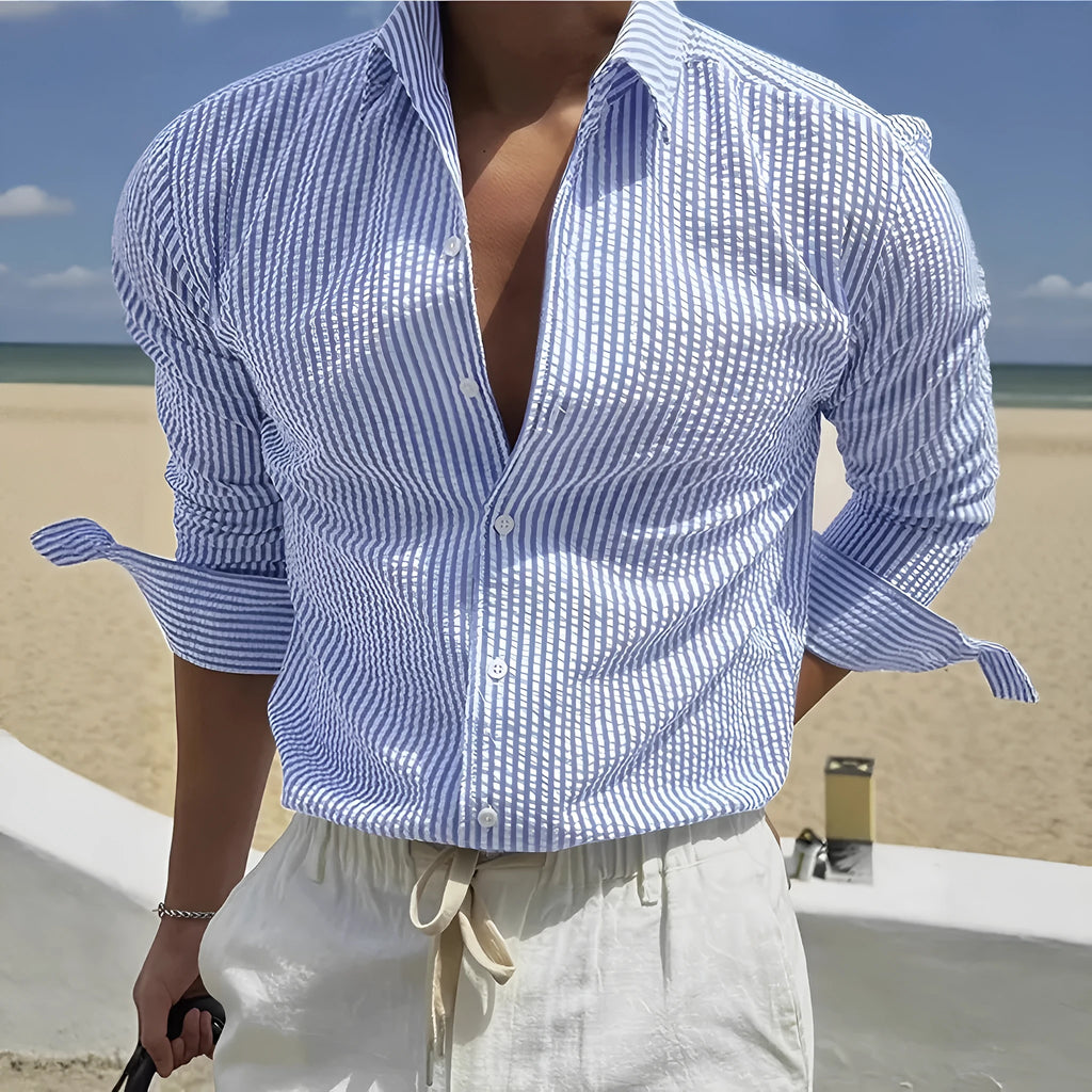 Man's blue and white striped long sleeve shirt with a cardigan-style lapel