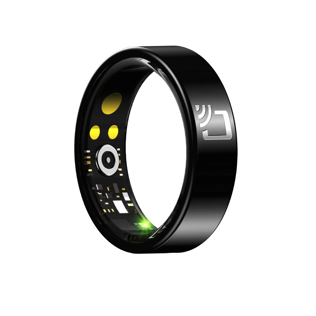 Black ceramic smart ring for heart rate, blood oxygen, and sleep tracking on finger