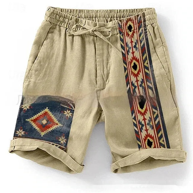 Men's blue colour block digital print casual shorts with drawstring waist and loose fit