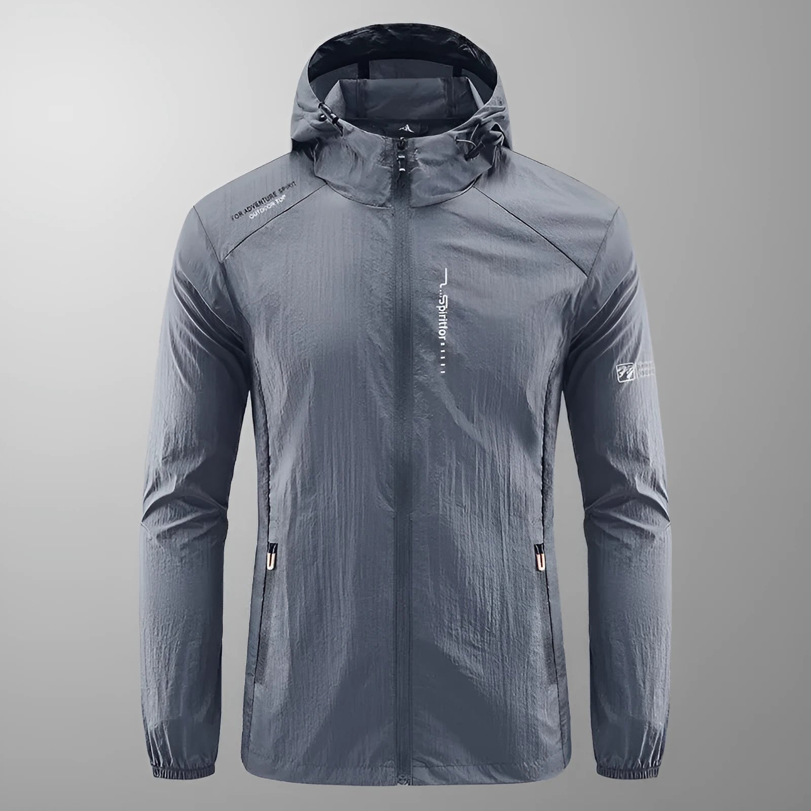 Men's loose-fit light grey nylon hooded jacket for summer outdoor wear.