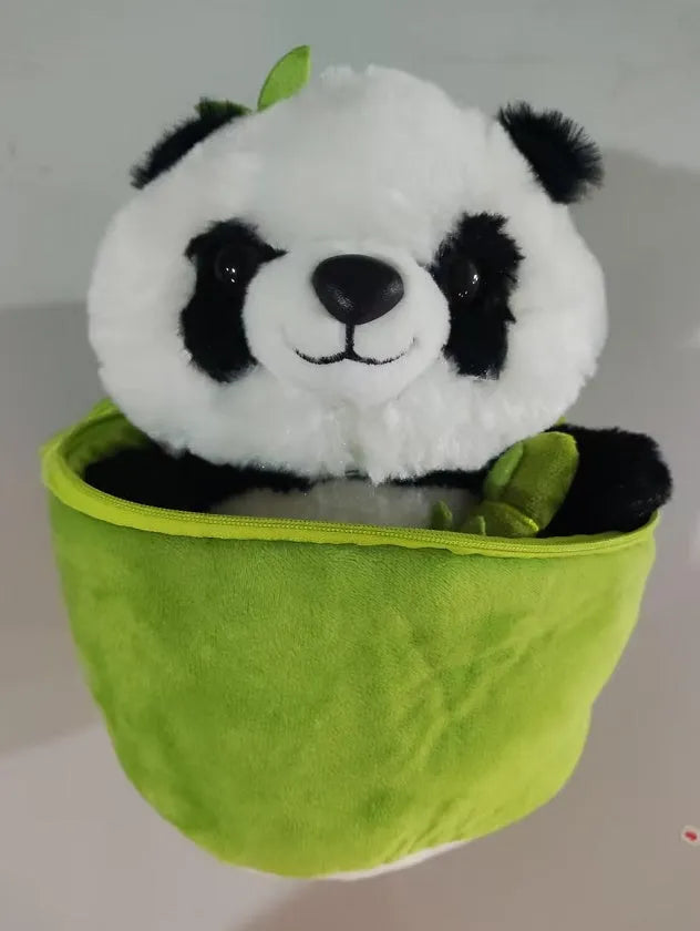 Black and white panda plush doll holding green bamboo tube, soft toy with PP cotton filling