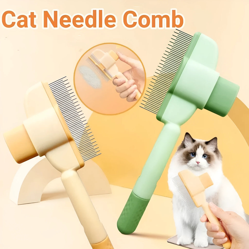 Green and yellow self-cleaning pet comb with stainless steel teeth and a release button on the handle.