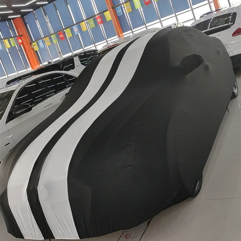 Ford Mustang car cover in elastic fabric with four-sided stretch construction