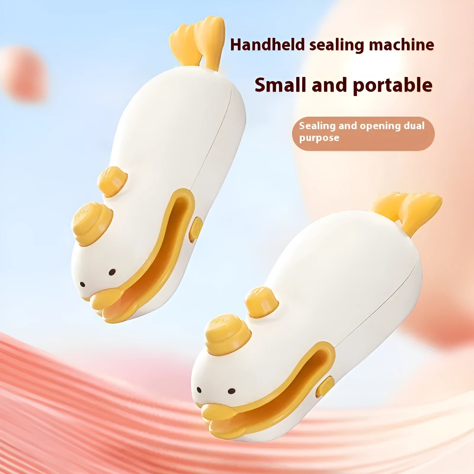 Yellow duck-shaped rechargeable handheld fabric sealing machine with charging cable