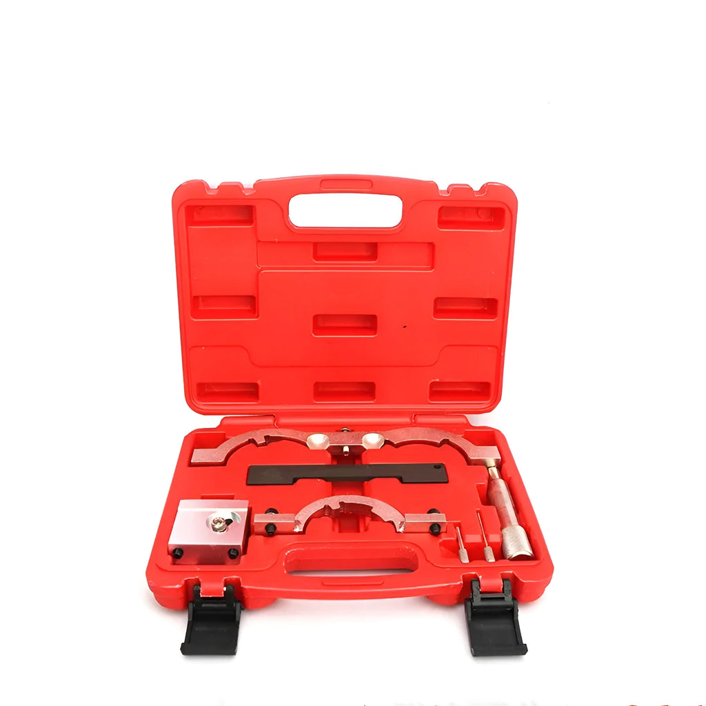 Red timing tool kit for Opel 1.4T LUJ engine with seven chrome-vanadium steel tools on a workbench.