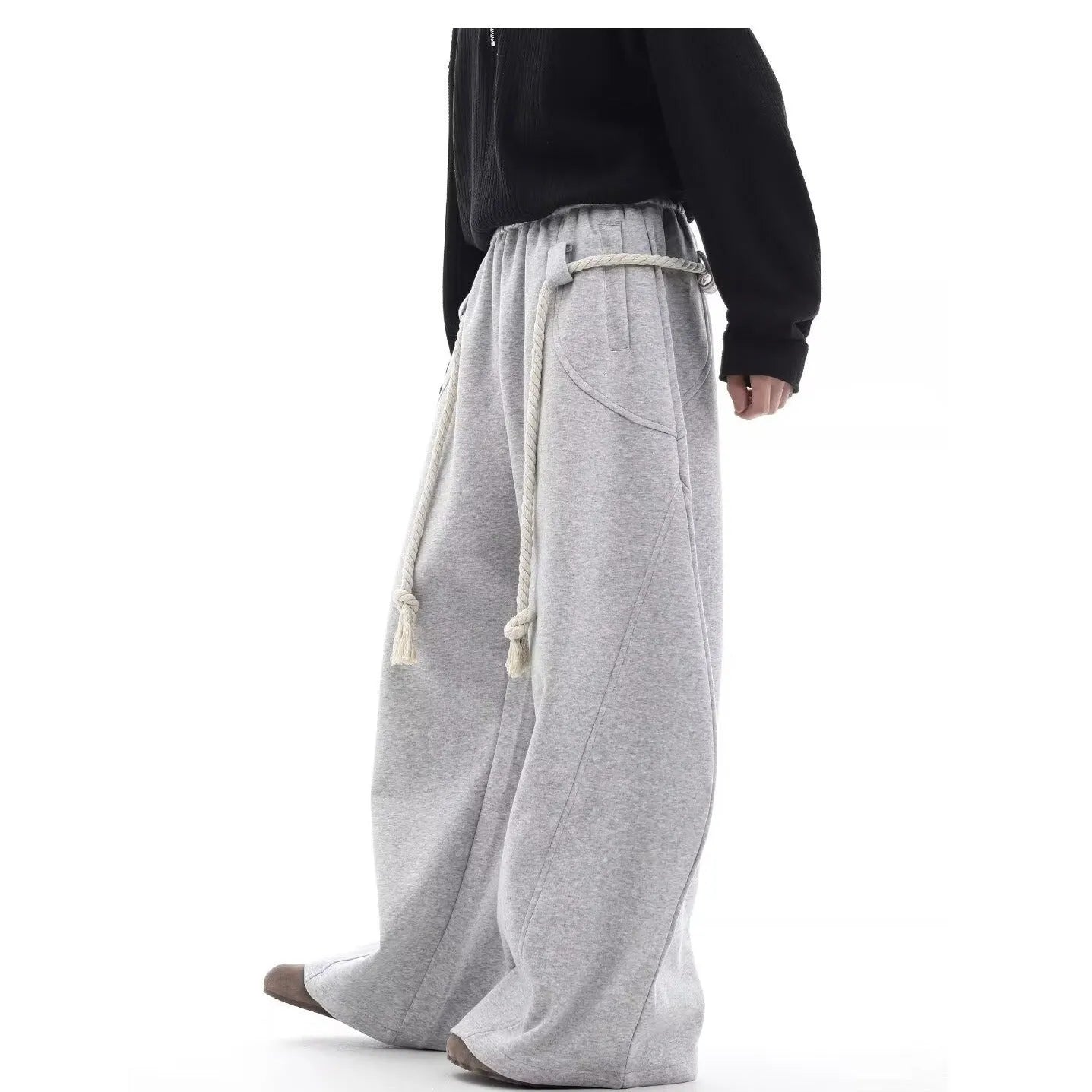 Retro gray cotton wide-leg sports pants for men, loose straight-leg casual trousers in size M to XXL
