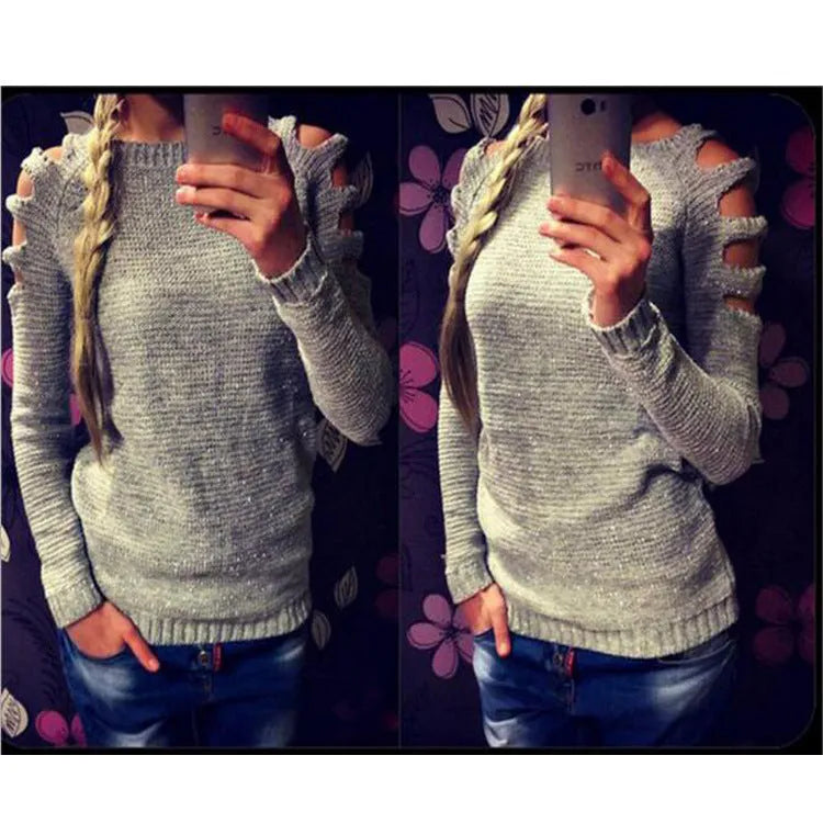 Women's solid grey knitted long sleeve pullover shirt with crocheted hollow-out texture detail.