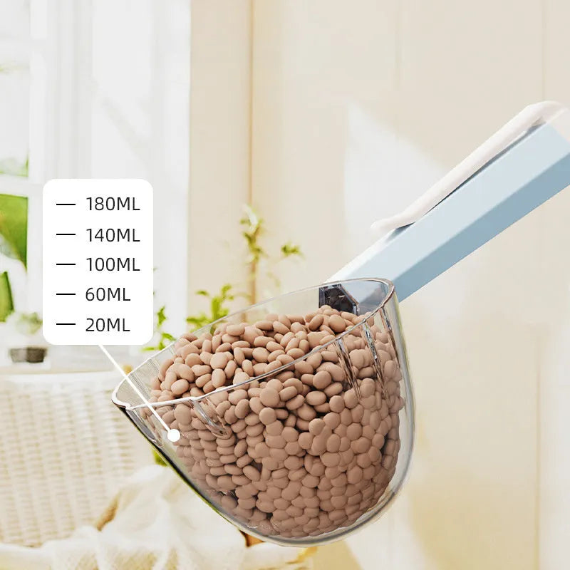 Pet food spoon with plastic clip for dog and cat feeding in blue colour