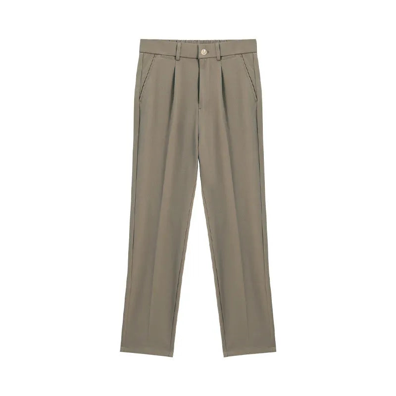 Men's slim-fit ankle length trousers in solid colour with zipper fly, anti-wrinkle polyester twill fabric