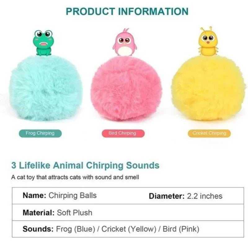 Blue, pink and yellow interactive cat toy balls that make animal sounds