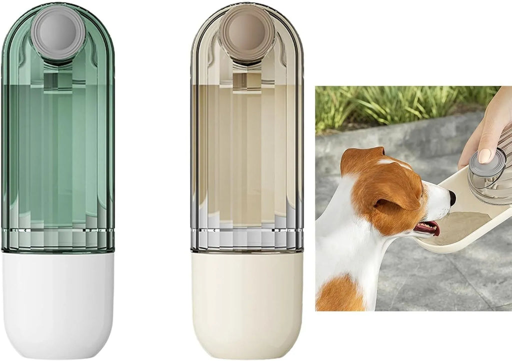 Beige foldable dog water bottle and food dispenser with leak-proof design for outdoor use