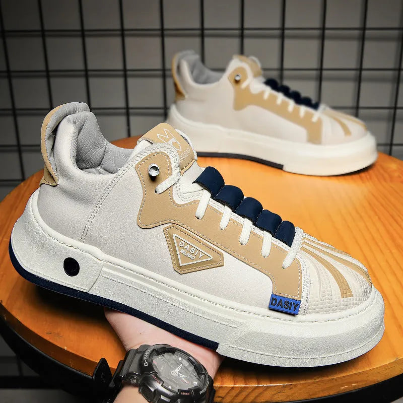 Men's beige low-top sneakers with elastic band and leather stitching on microfiber upper.