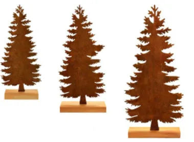 Three rusty metal Christmas ornaments featuring elk and tree silhouettes on a white background