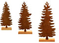 Three rusty metal Christmas ornaments featuring elk and tree silhouettes on a white background