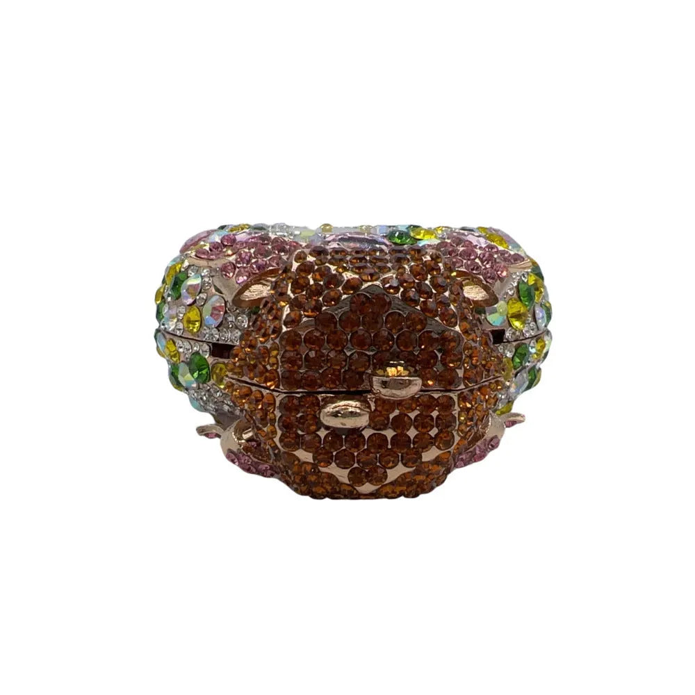 Women's structured clutch bag with diamond embellishment in metallic gold finish