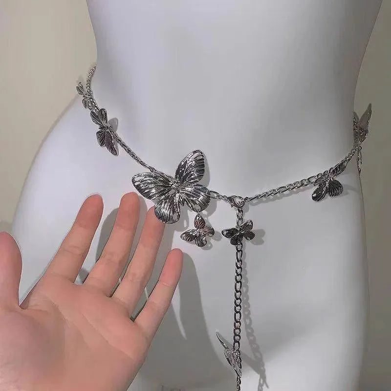 Gold or silver alloy butterfly waist chain measuring 104cm length with 40cm width decorative motif