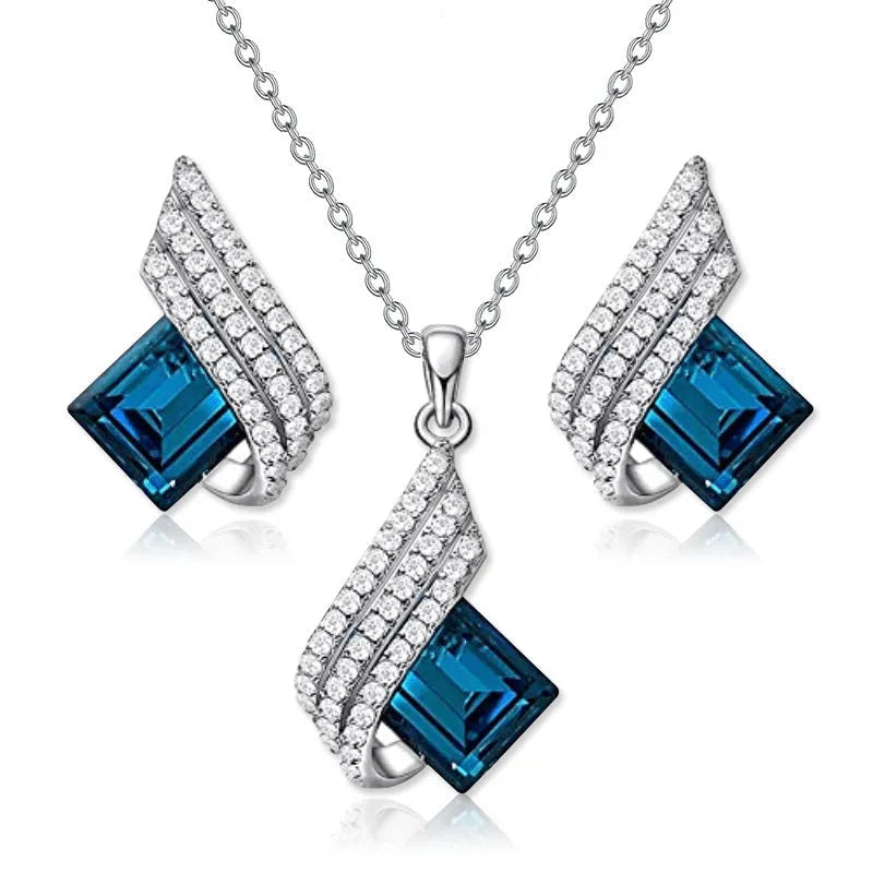 Women's alloy necklace and earring set with glass pendant in European style