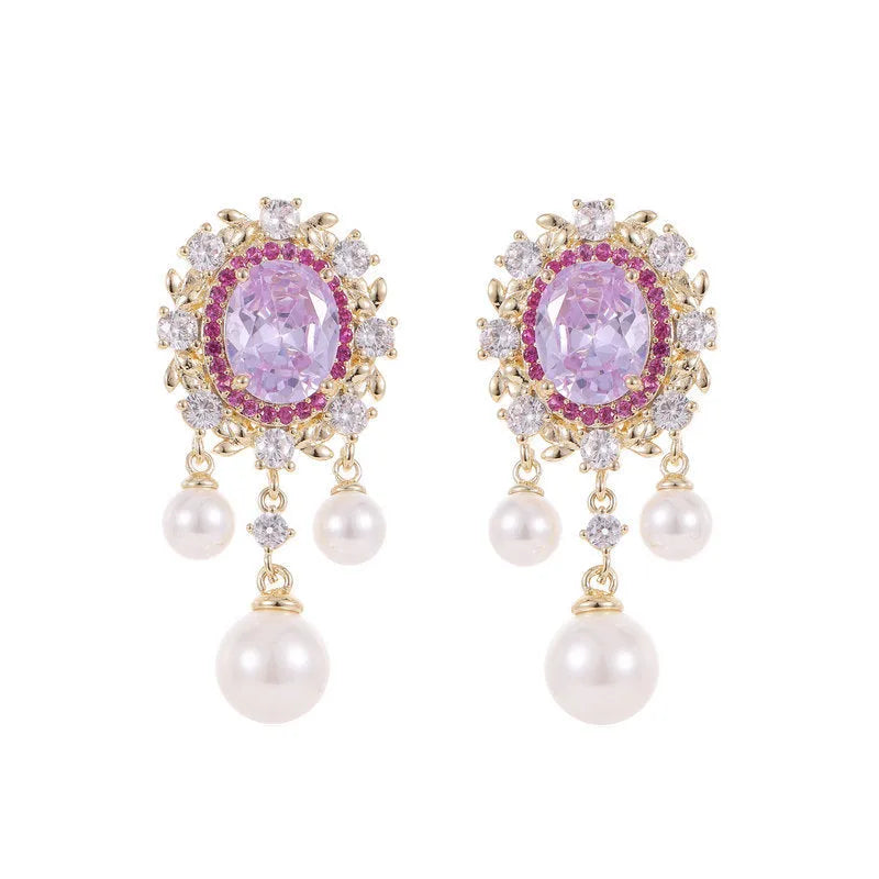 Oval geometric copper earrings with inlaid zircon accents and pearl tassel drops in light purple colour