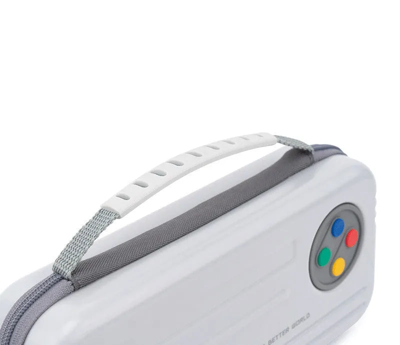 Nintendo Switch storage clutch case in grey with handle, showing game cartridge slots.
