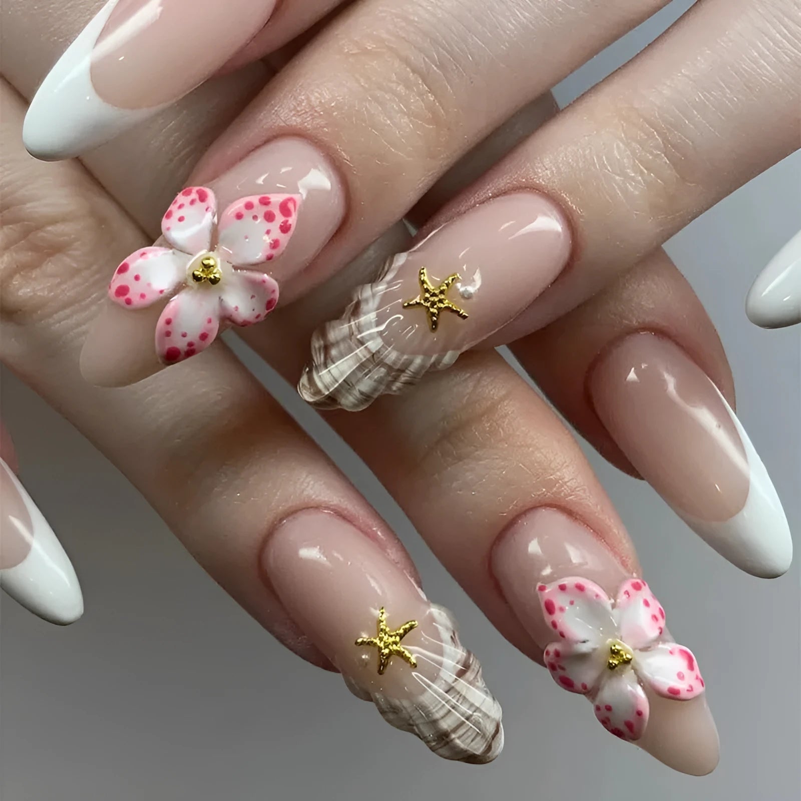 French style fake nails with rock pattern patch and W1764 simple flower design artificial nails