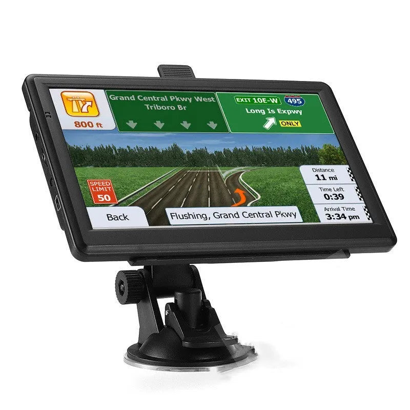 7-inch portable car GPS navigation device with touch screen on a dashboard mount