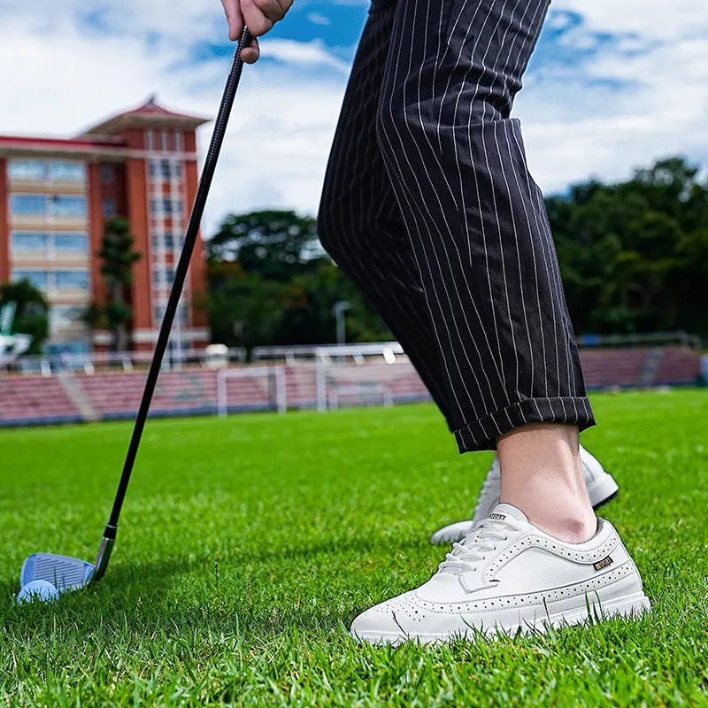 Men's genuine leather golf shoe in lake blue with a non-slip rubber outsole.