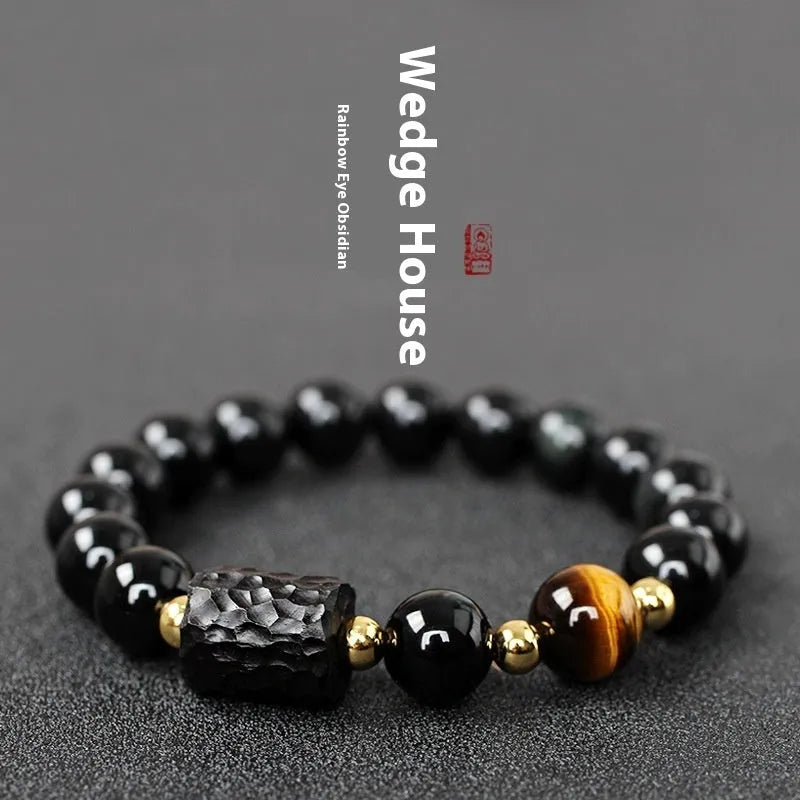 Obsidian bracelet with tiger eye beads in manual craftsmanship 10mm retro circle design