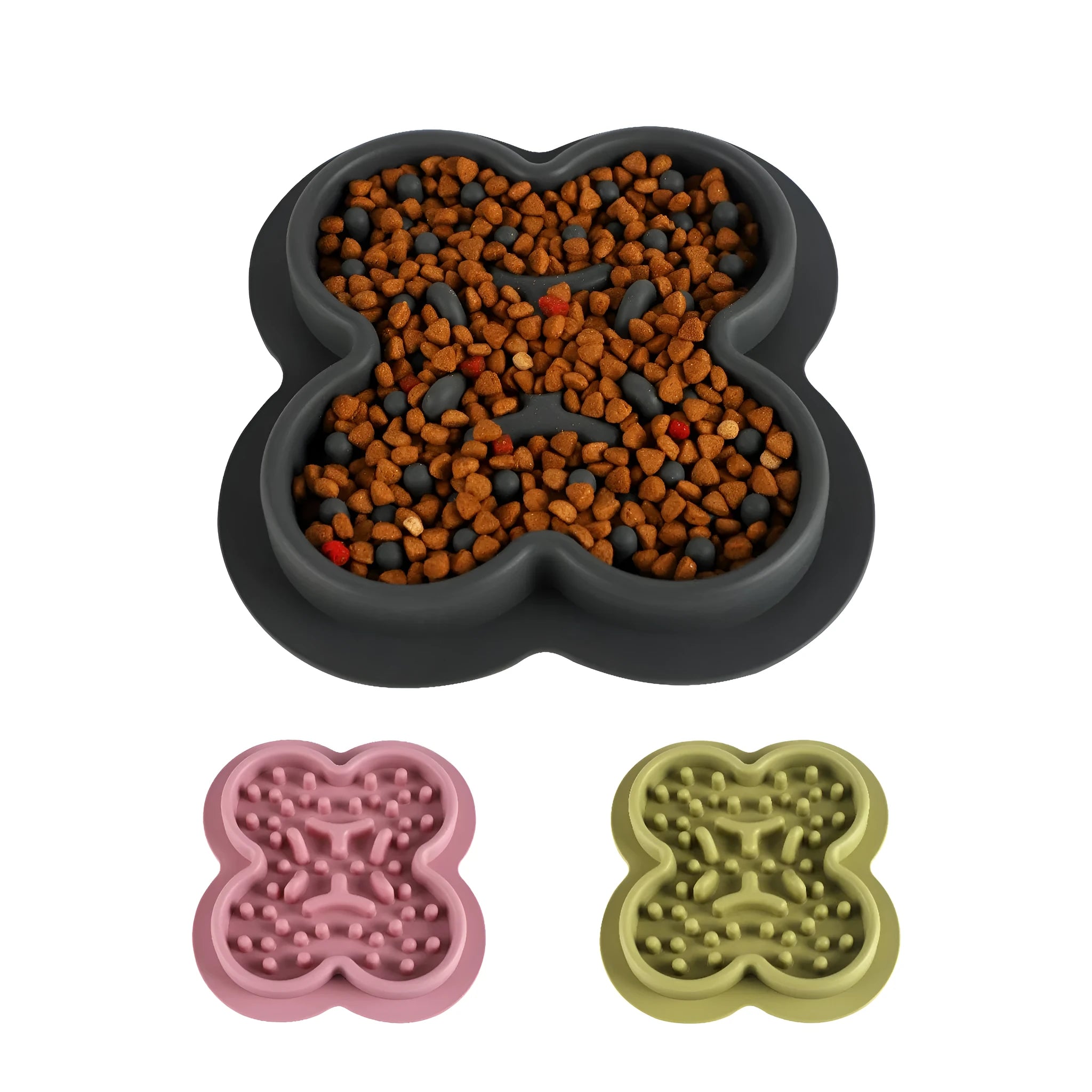 Silicone pet licking pad measuring 19cm by 21cm in five colour variations