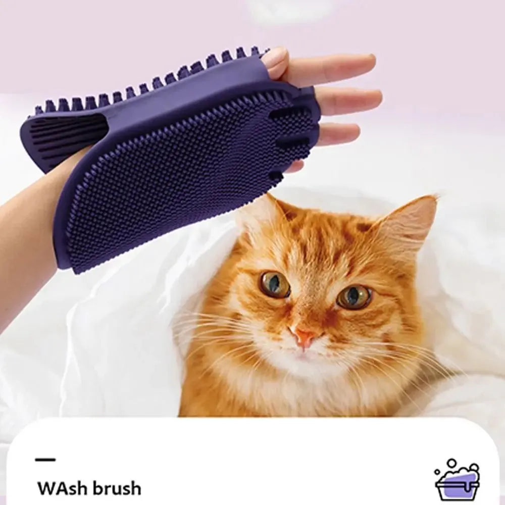 Purple pet shampoo brush with silicone bristles for dog and cat grooming during bathing