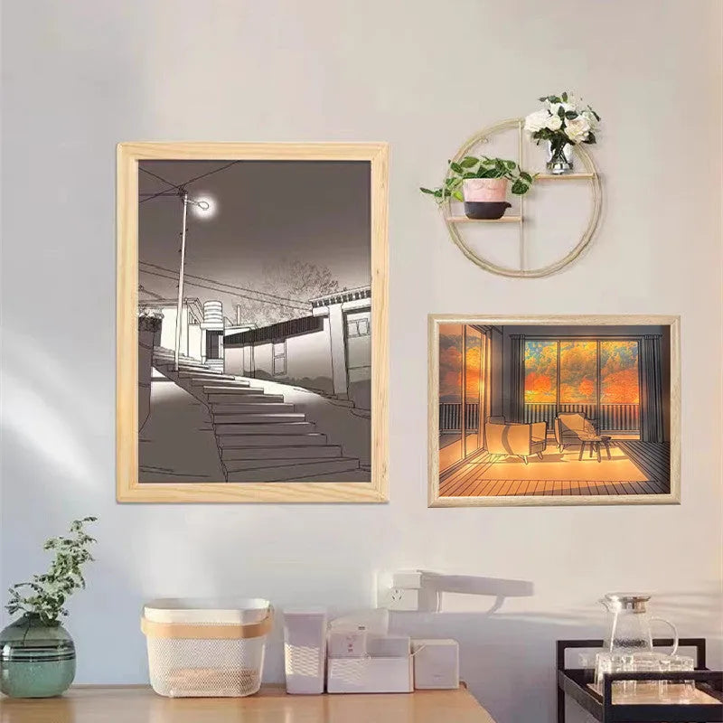 LED illuminated decorative picture with acrylic panel showing scenic artwork, USB cable connection