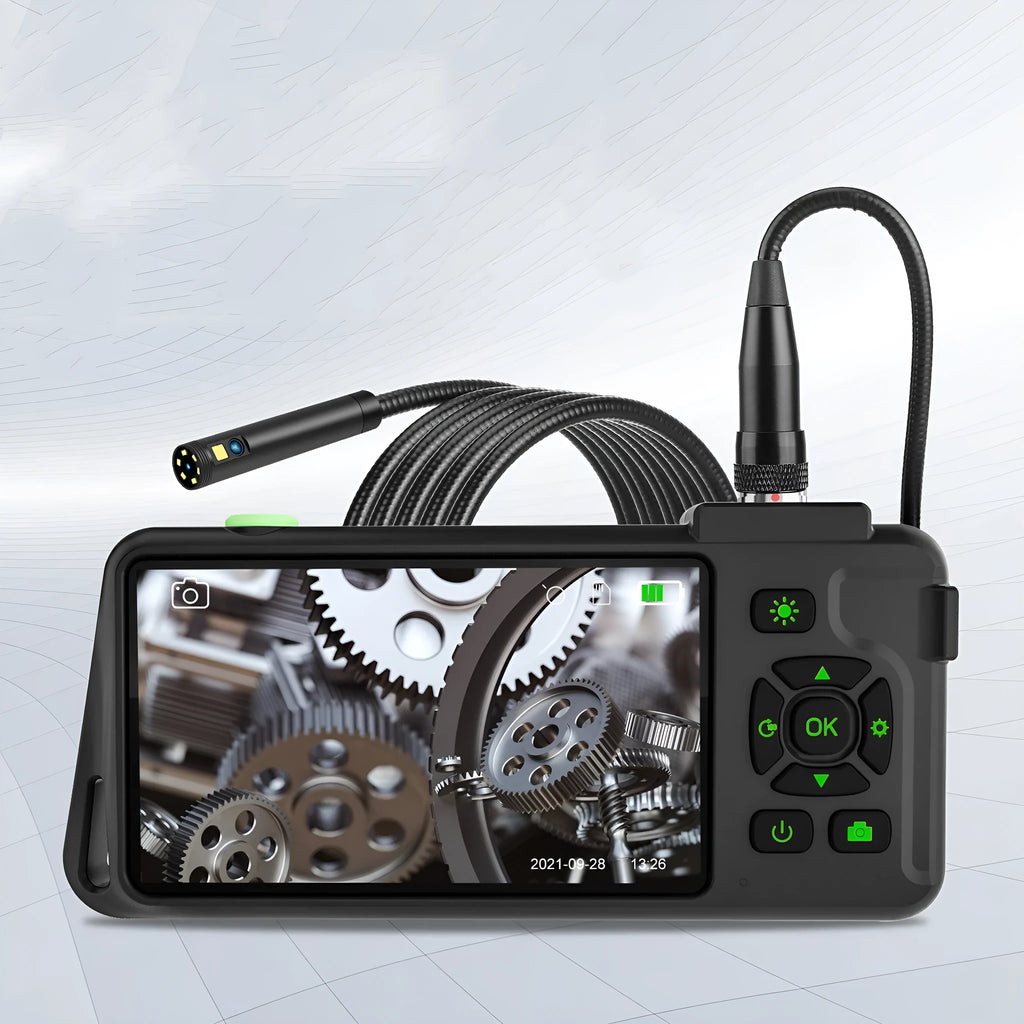 Handheld industrial endoscope with 4.5-inch screen and flexible cable for automotive inspection