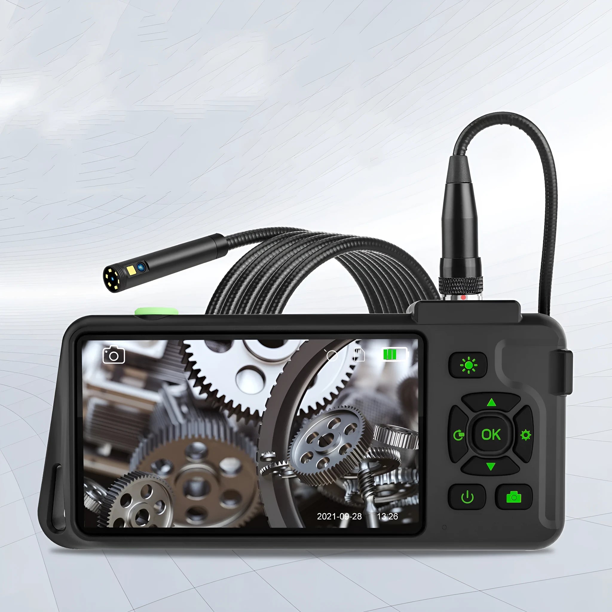 Handheld industrial endoscope with 4.5-inch screen and flexible cable for automotive inspection