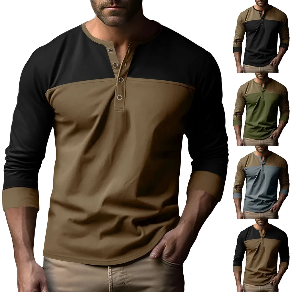 Men's solid colour long-sleeve casual shirt with a henley collar, shown in a brown tone.