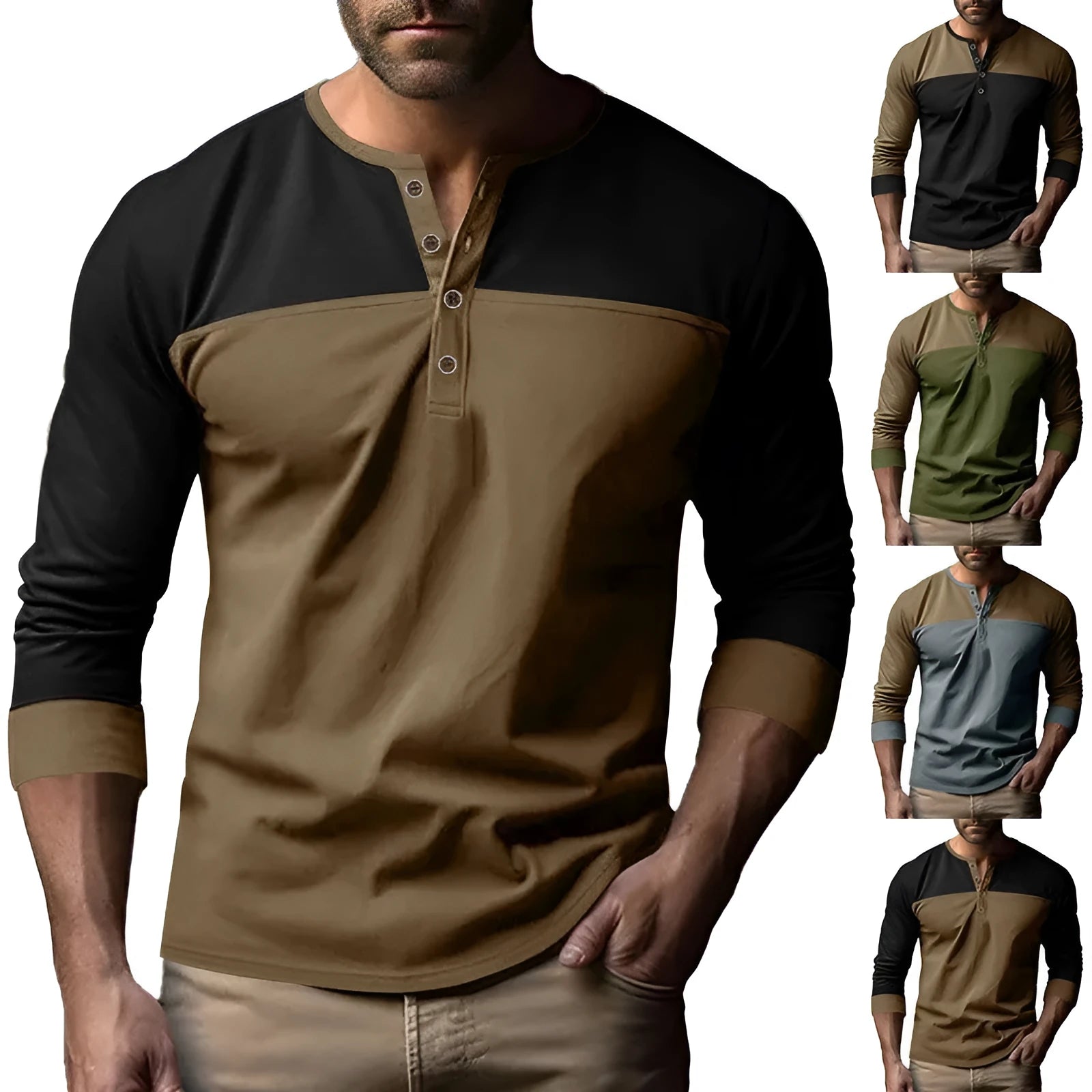 Men's solid colour long-sleeve casual shirt with a henley collar, shown in a brown tone.