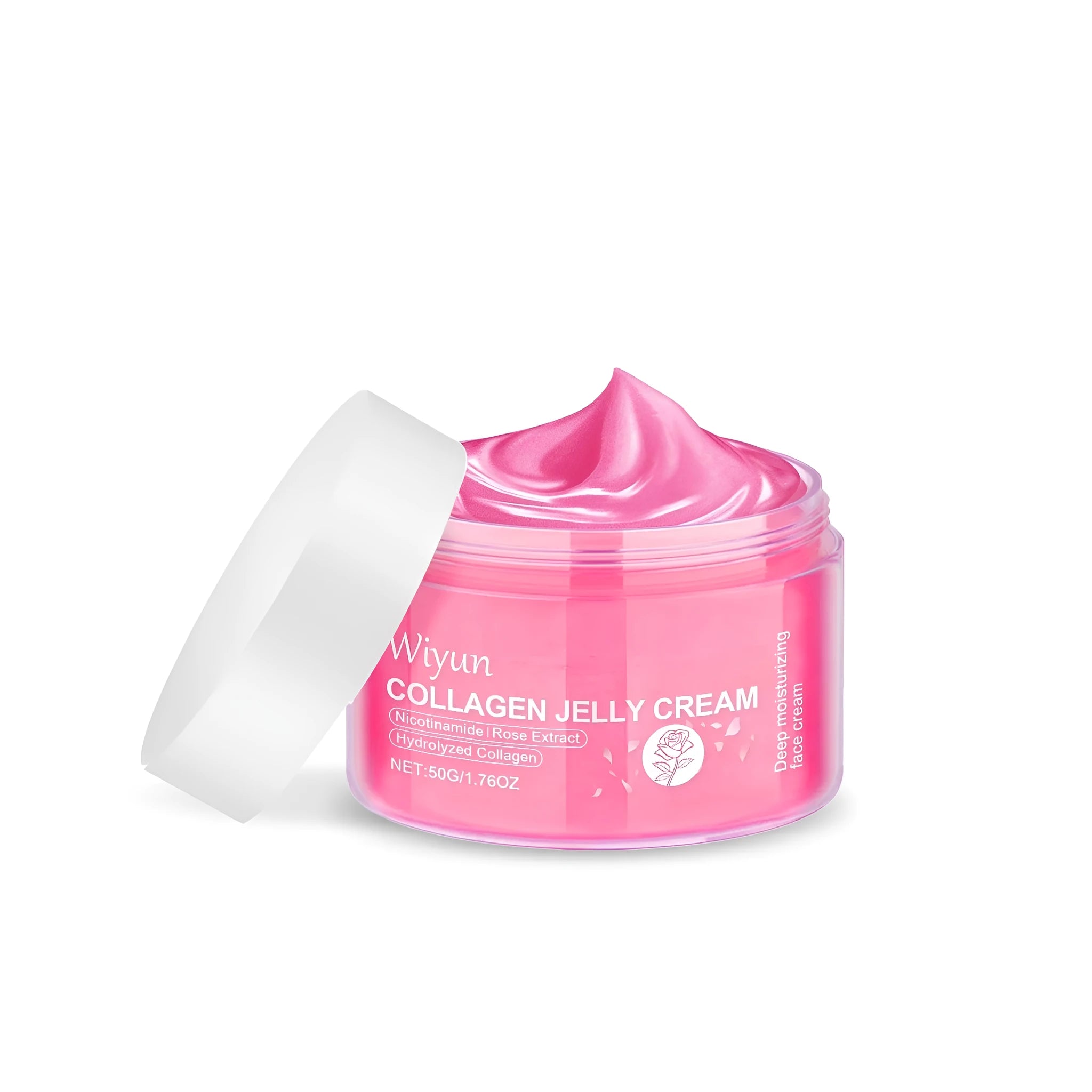 Jar of collagen rose jelly cream skincare product, 50g.